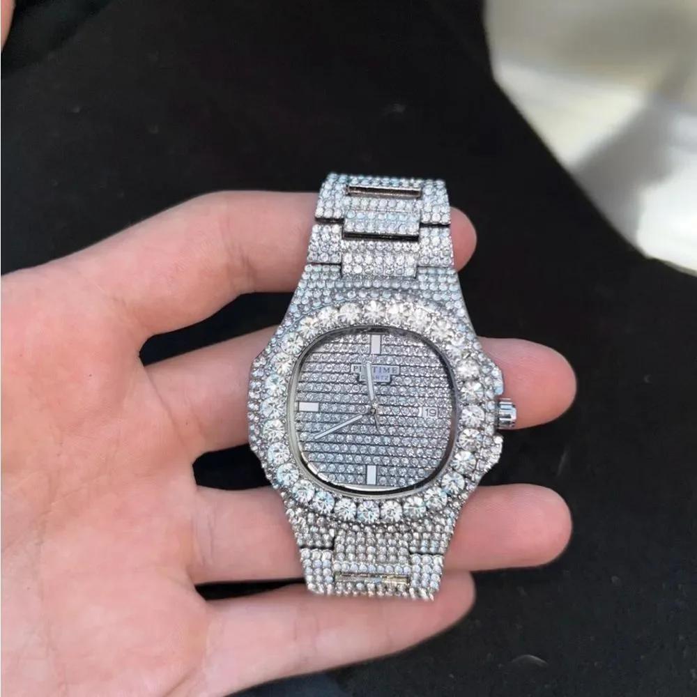 VVS Bustdown Iced Out Unisex Steel Luxury Simulated Diamond Watch Hip Hop